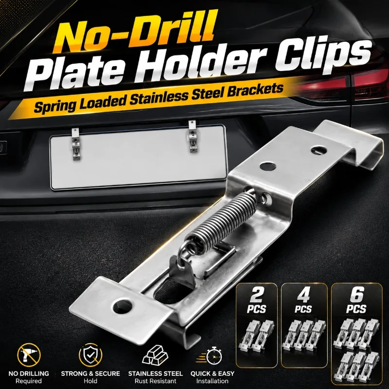 2/4/6PCS Rectangular License Plate Clips Spring Loaded Stainless Steel Car Bracket Clamps No-Drill Frame Mount for Trailers