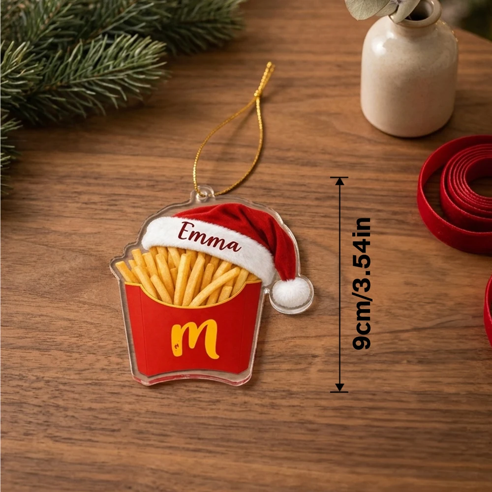 Custom Name Text French Fries Acrylic Xmas Ornament, Funny Santa Hat Shape Hanging Pendant, Novelty Holiday Keepsake Decor Gift