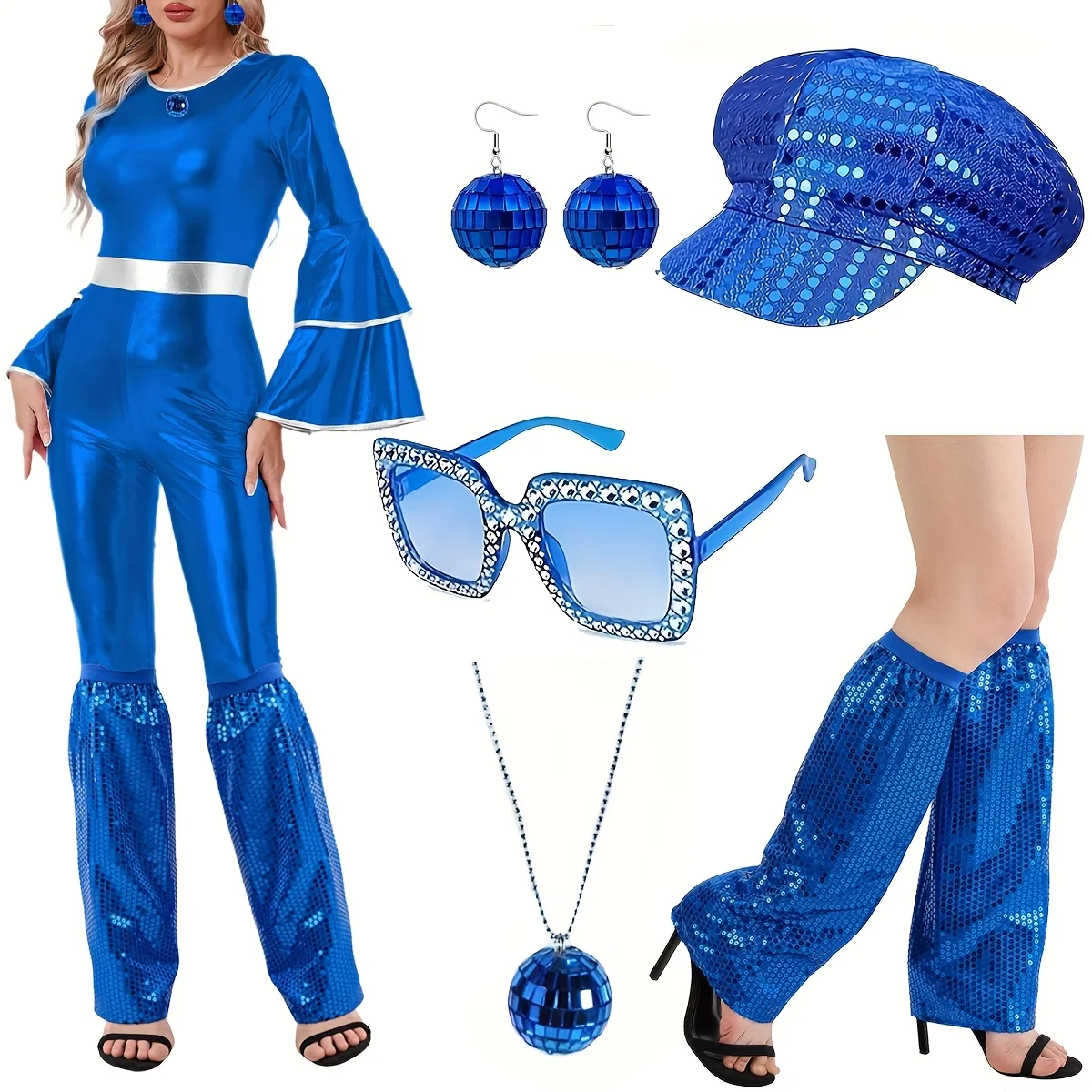 

Women's 70's Disco Costume Set with Blue Embellishments with Matching Hat, Glasses, Earrings, Leggings, Hippie Theme Party Acces