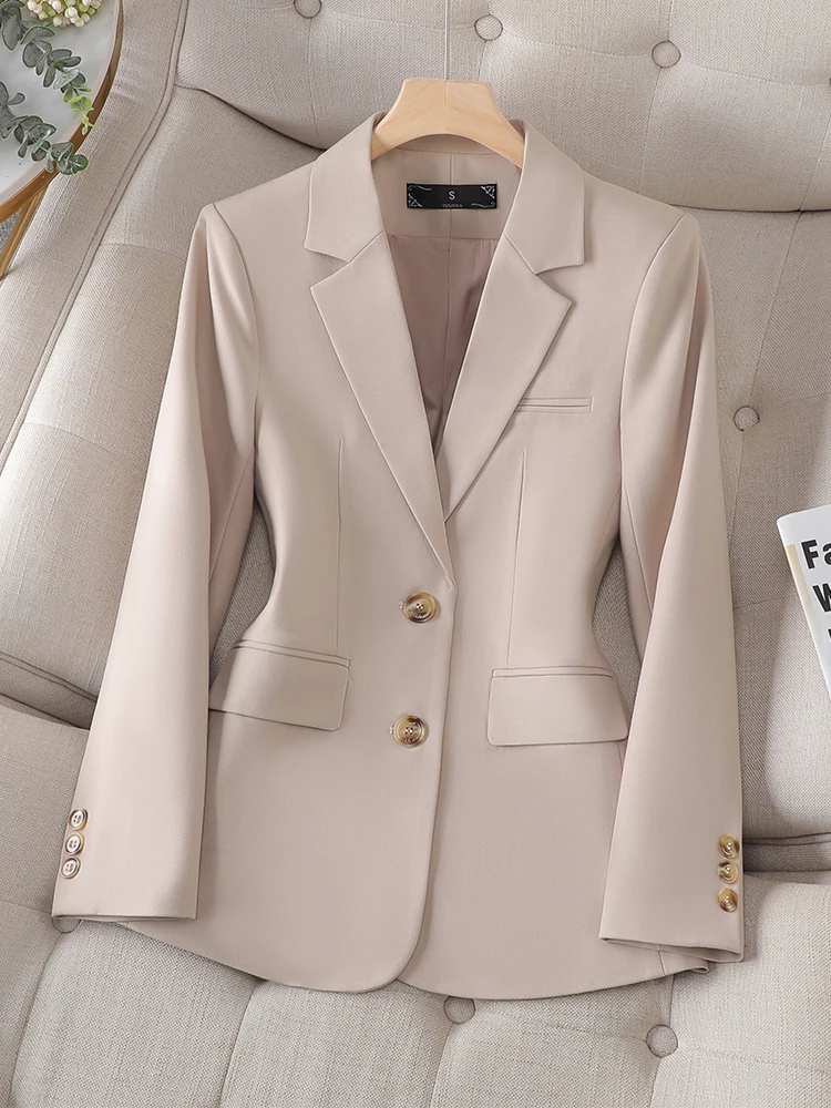 Jaket Blazer lengan panjang untuk wanita, jaket Blazer lengan panjang musim gugur musim dingin, mantel bisnis kerja Formal warna hitam Khaki merah hijau Single Breasted untuk wanita