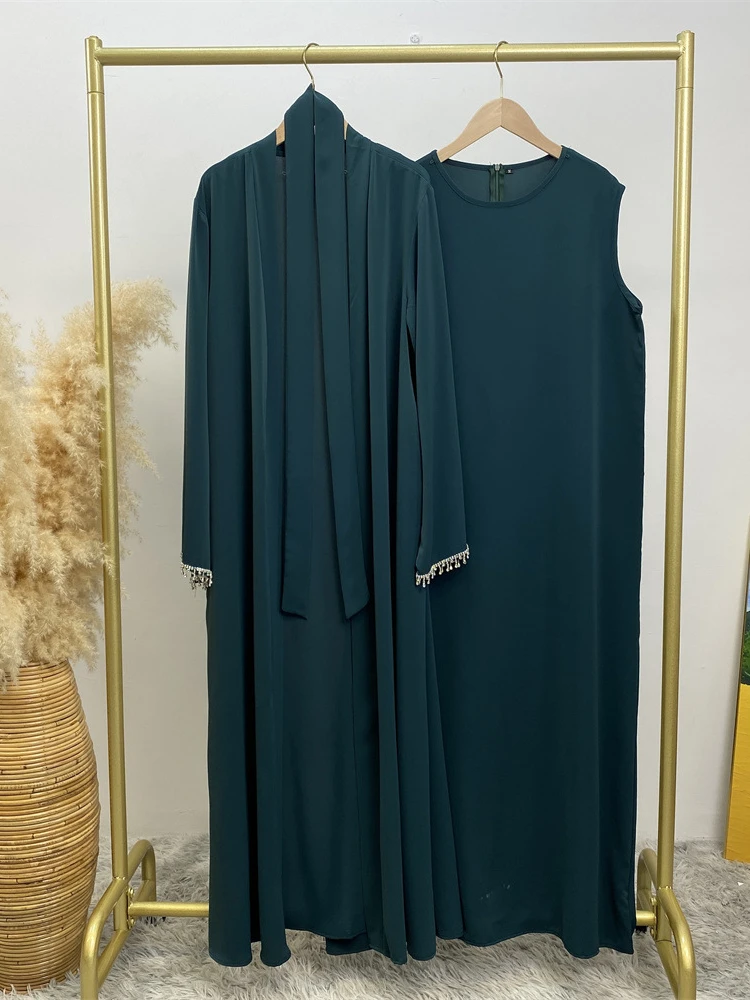 Abaya muçulmana com vestido interior para mulheres, Eid, quimono, cardigã, Ramadã, Abayas, Kaftan, Dubai, robe longo, conjunto de 2 peças