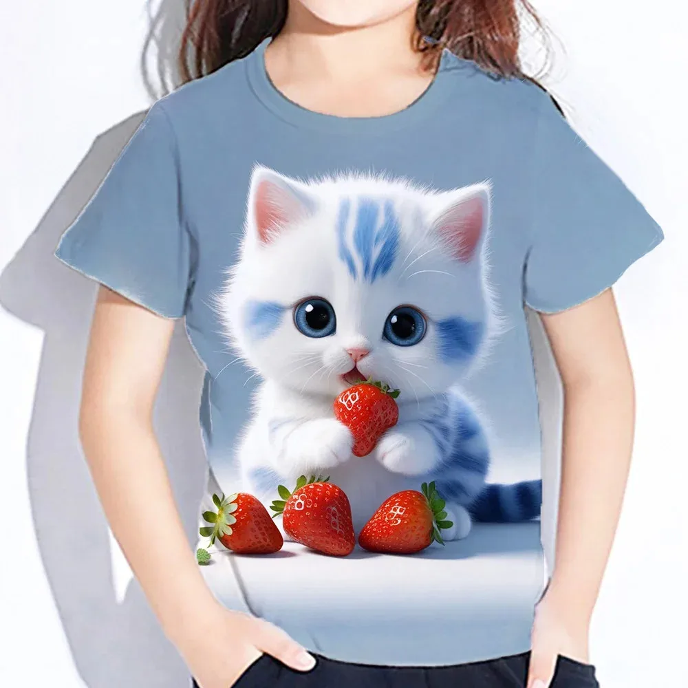 Kinderkleding 3d Print Kawaii Cat Pattern T Shirts Korte Mouw Tops 2024 Kids Kleding Meisjes Jongens Kleding 2 Tot 8 Jaar