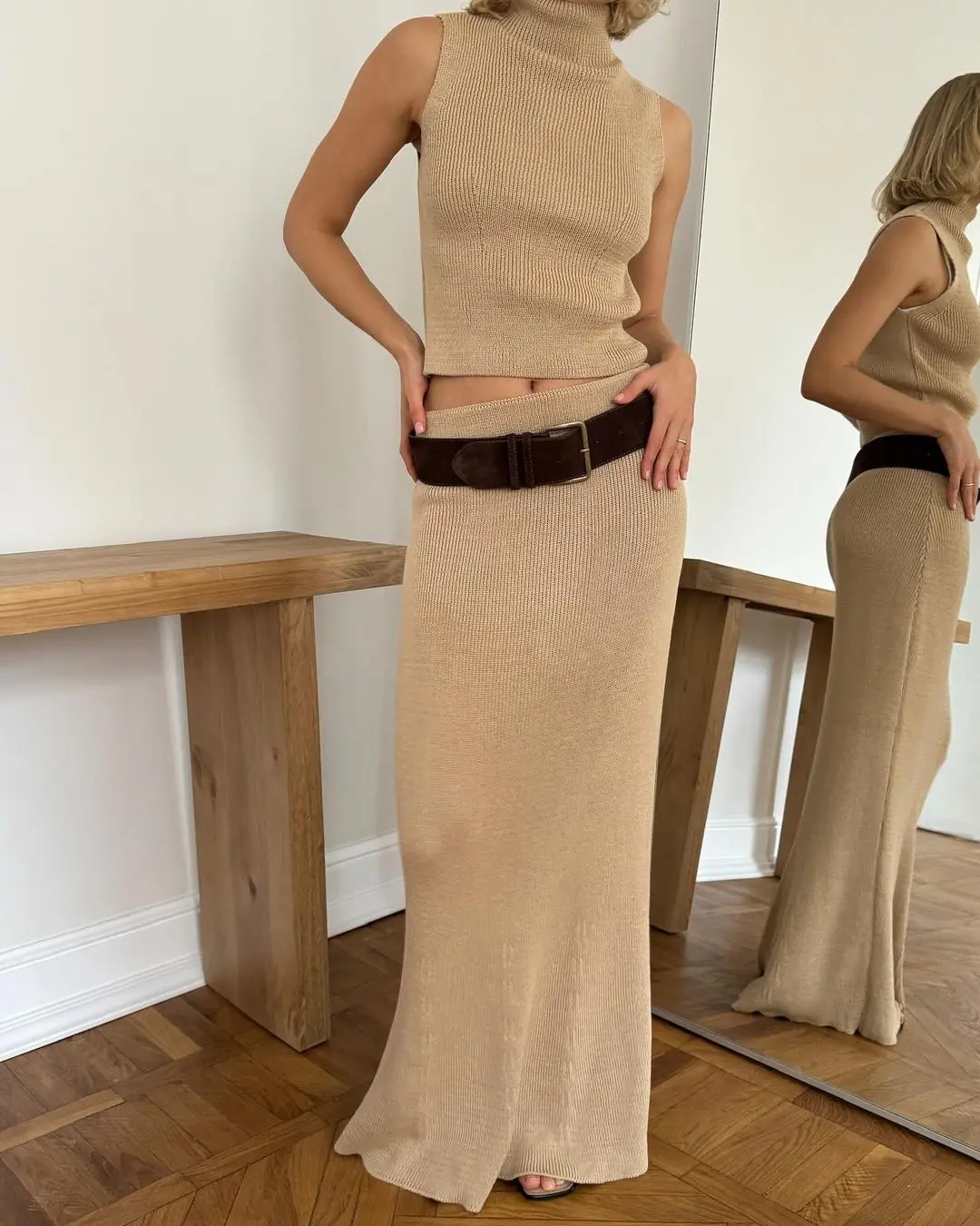 Women Kintted Casual Pullover Skirt Set High Collar Sleeveless Top Long Skirts 2-piece Sets Lady Daily Commute Street Outfits