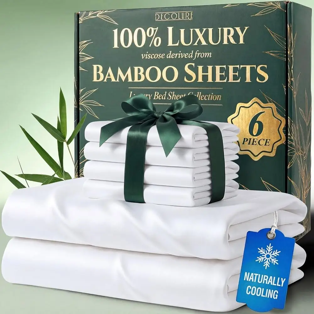 

King Size Bamboo Viscose Sheets - 6-Piece Luxury Cooling Set, Deep Pocket, Durable Stitching, Oeko-Tex Certified (White)