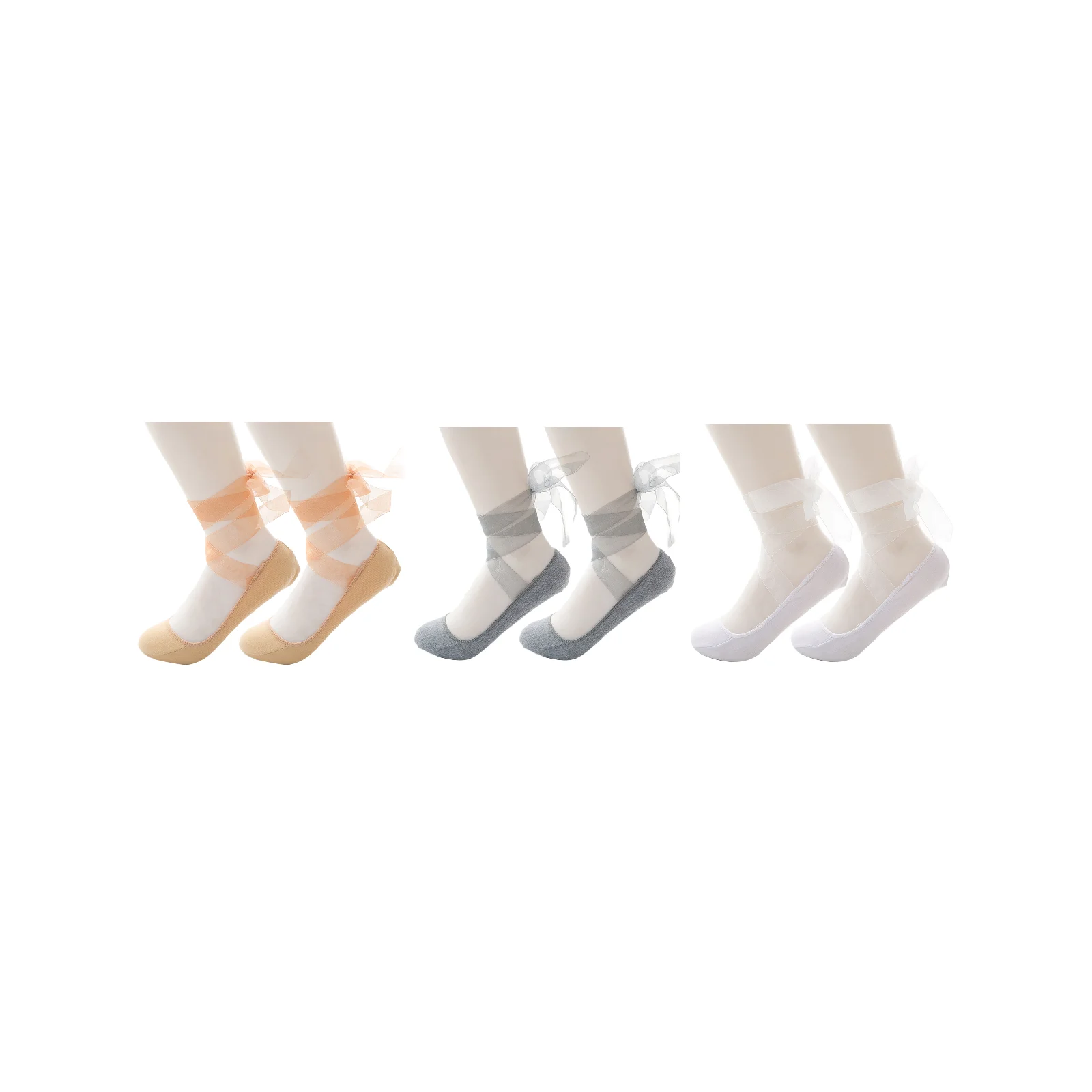 Low-cut invisible socks, dancing bow ties, strappy boat socks, three-color combination (skin color + gray + white)