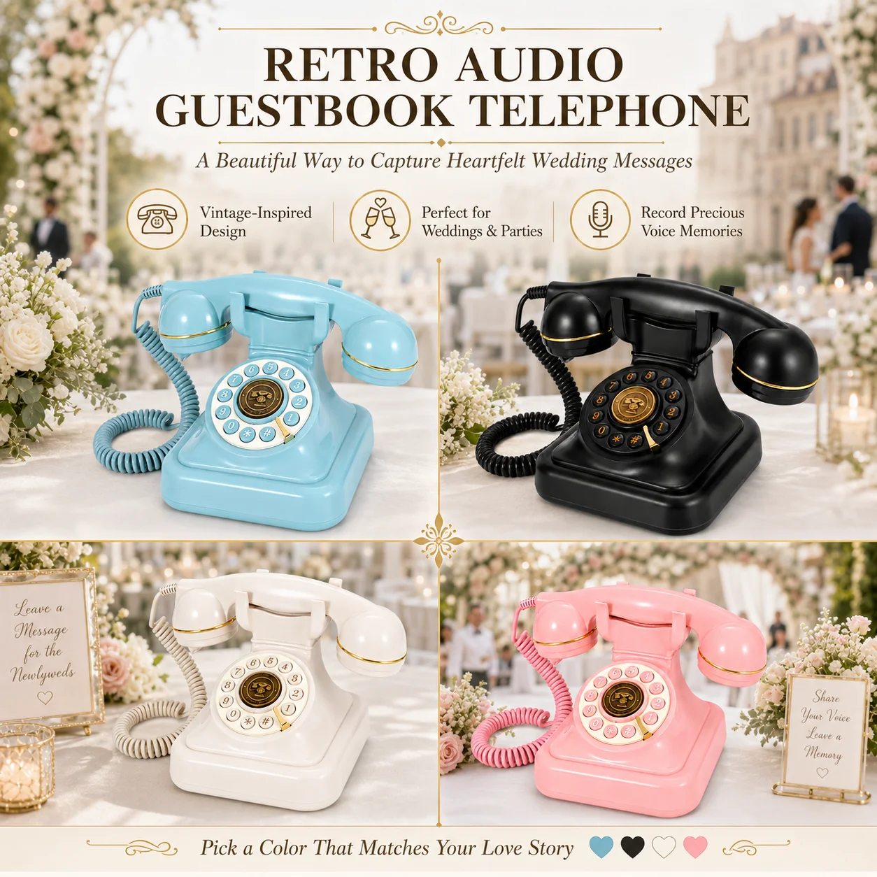 Retro Audio Guestbook Phone Wedding Blessing Voice Message Recorder Voice Check-in Device for Wedding Birthday Party Love