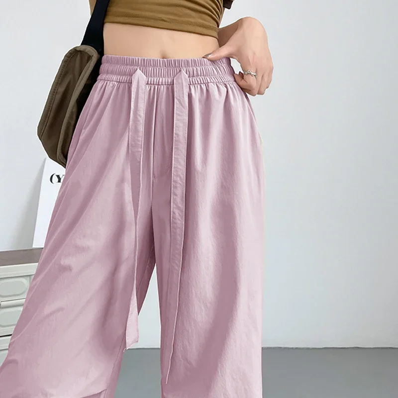 2025 ストリートルーズストレートパンツ女性の夏薄型速乾性カーゴパンツ女性弾性ウエストレースアップパラシュートズボン