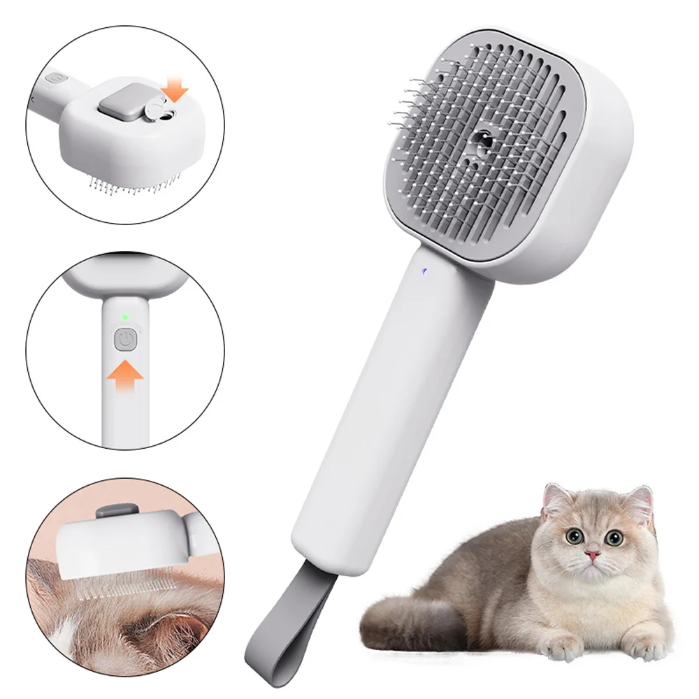 3-in-1 Rechargeable Pet Steam Grooming Brush with Water Spray - Safe Round Teeth for Dog/Cat Massage & Hair Removal