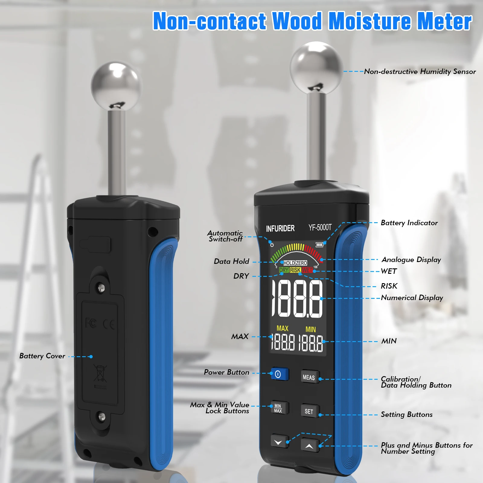 プロフェッショナルデジタル LCD スクリーン湿度計アラーム木材水分非接触木材湿気検出器湿度テスターピンレス検出
