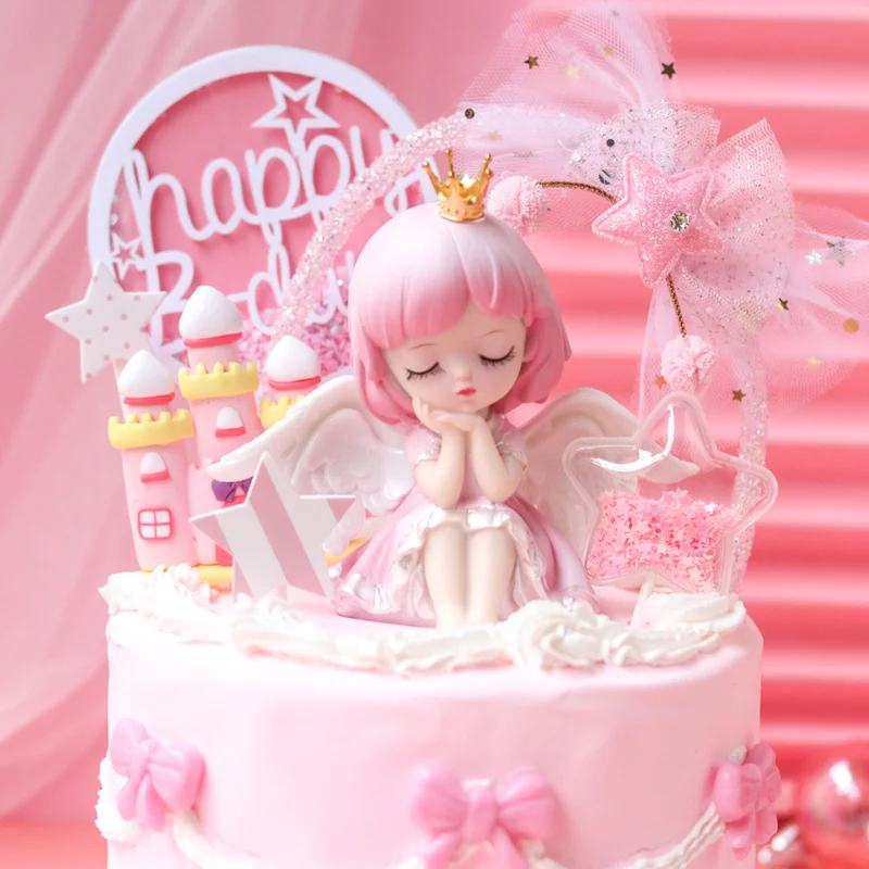 Angel Crown Girl Cake Decoratie Gelukkige Verjaardag Cake Toppers Prinses Kasteel Cupcake Toppers Bruiloft Baby Douche Bakken