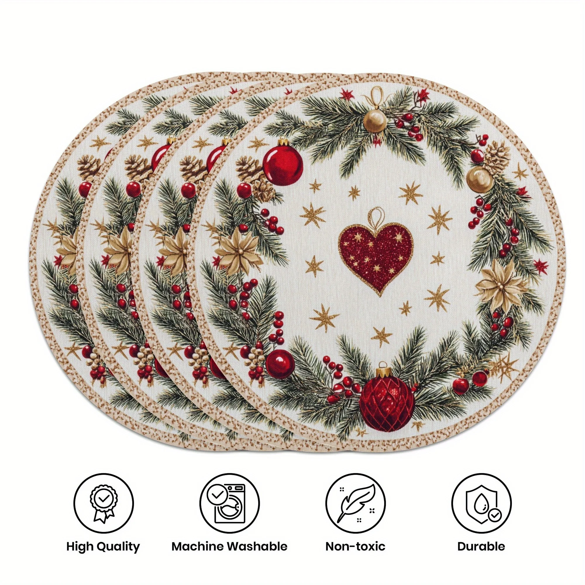 VIKAMA 4PC Christmas Heart shaped Meal Mat Berry Gold Bell Table Restaurant Christmas Desktop Decoration and Accessories