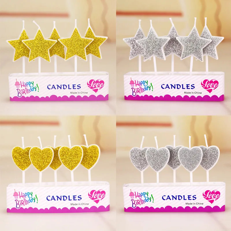 Gold Powder Happy Birthday Party Candle Baking Cake Gold And Silver Pink Five-pointed Star Love Birthday Candle