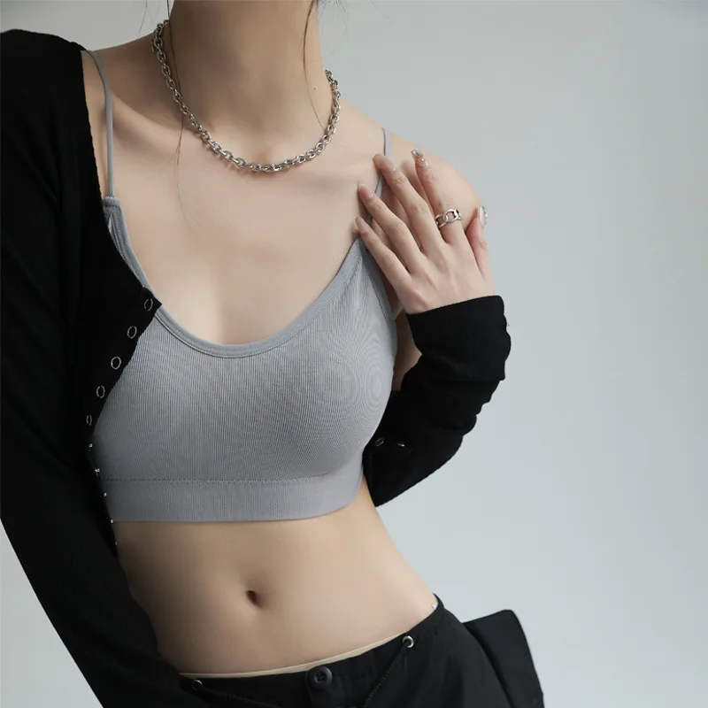 

Простой стильный ребристый камзол с нагрудными подушечками для женщин, летняя внутренняя одежда, красивая спина, можно носить на улице, спортивный топ без рукавов