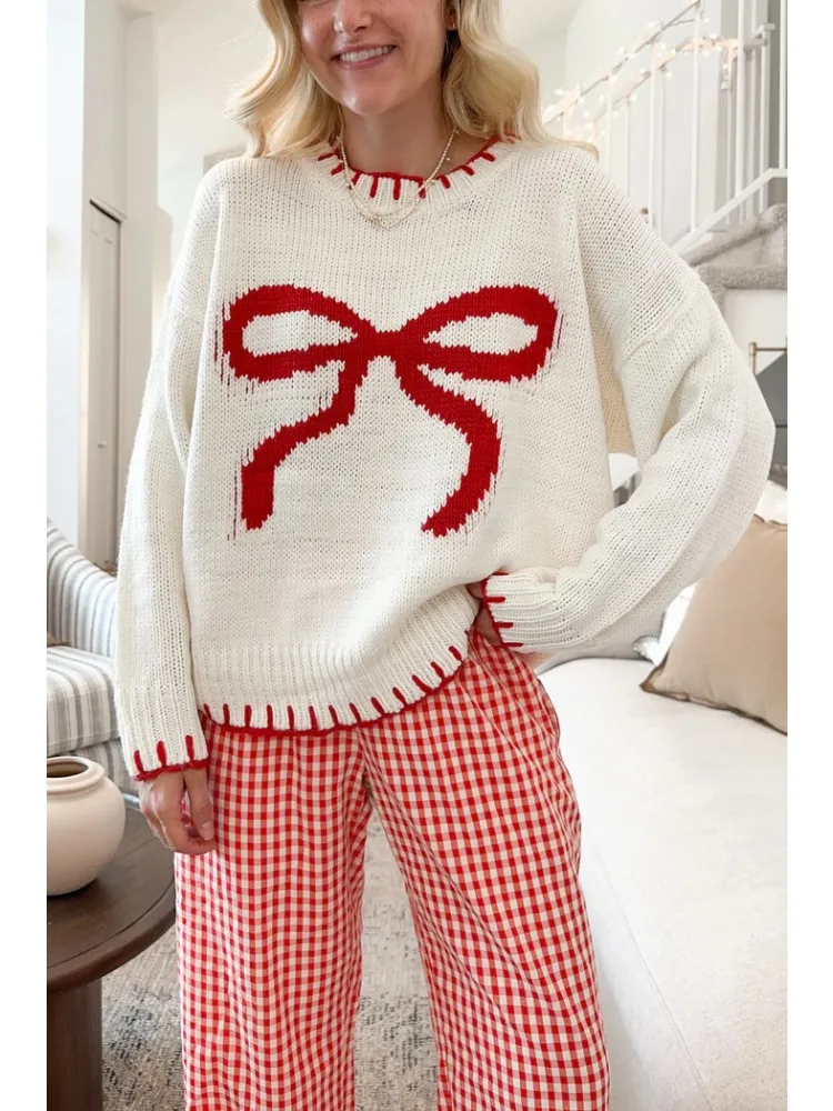 

For Casual Wear Jumper 2025 Autumn and Winter Fashion New Women's Elegant Knitted Loose Warm Pullover Sweater with Bow Tie