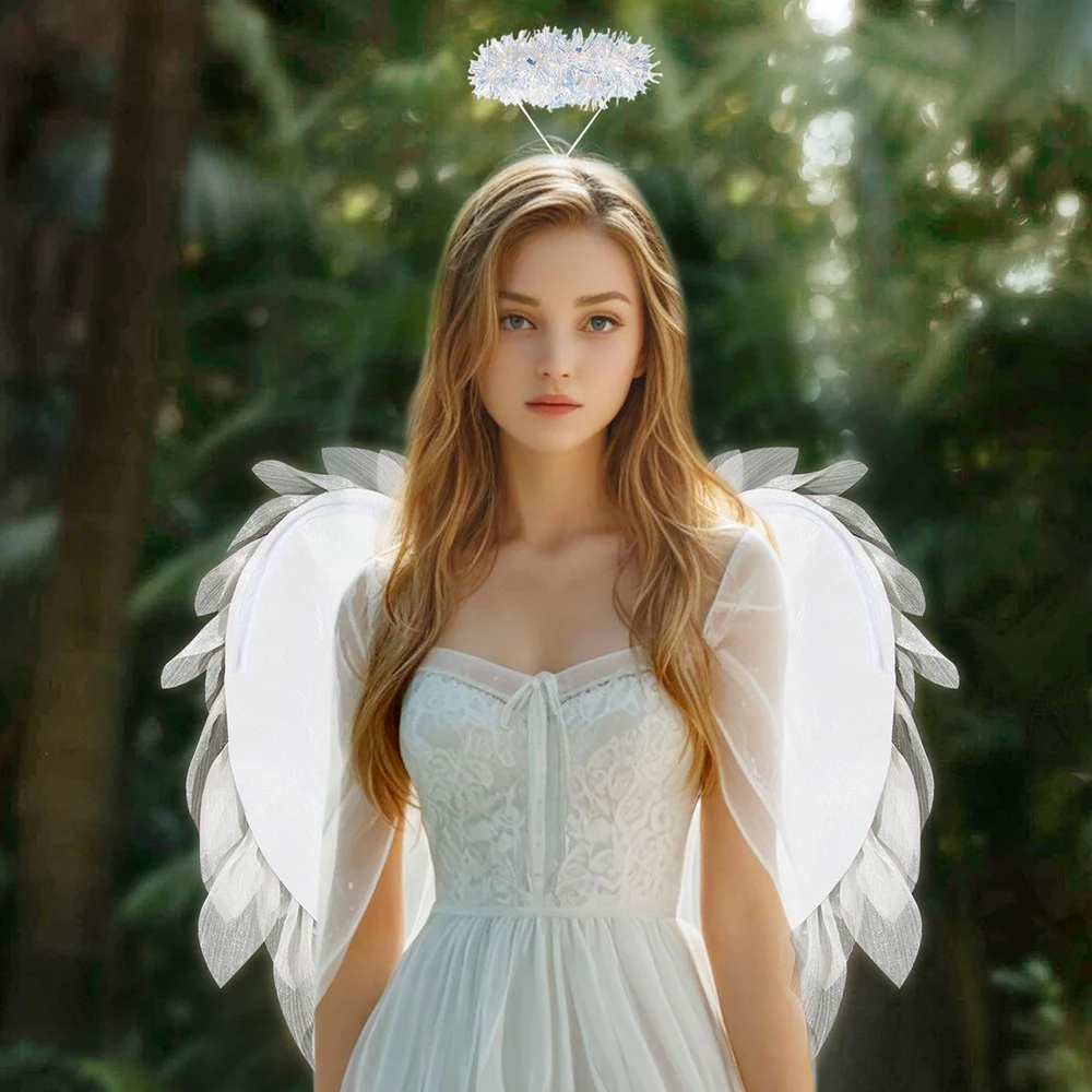 محاكاة الملاك الجناح أبيض/أسود ريشة تأثيري الدعائم عقال حفلة تنكرية زي أجنحة الجنية هيرباند الزخرفية