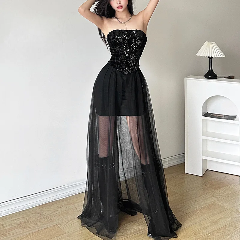 Vestido de tule plissado feminino, envoltório no peito, elegante e misterioso, bonito e maduro, sexy e charmoso, festa de irmãs, preto, inverno, 2022