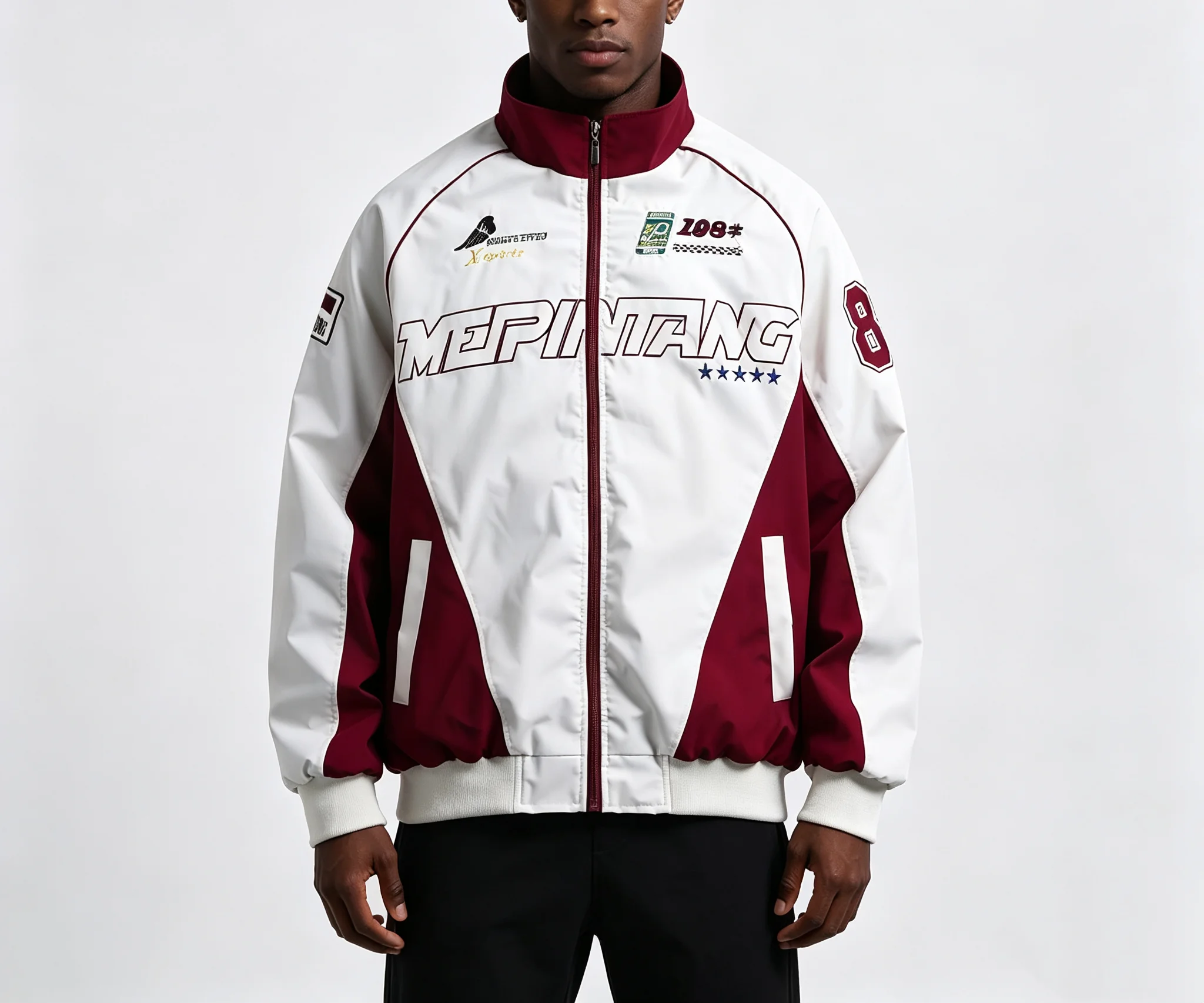 Men's Retro Racing Jacket Stand Collar Zip-Up Streetwear Oversized Colorblock Print Biker Coat Spring Autumn Fashion