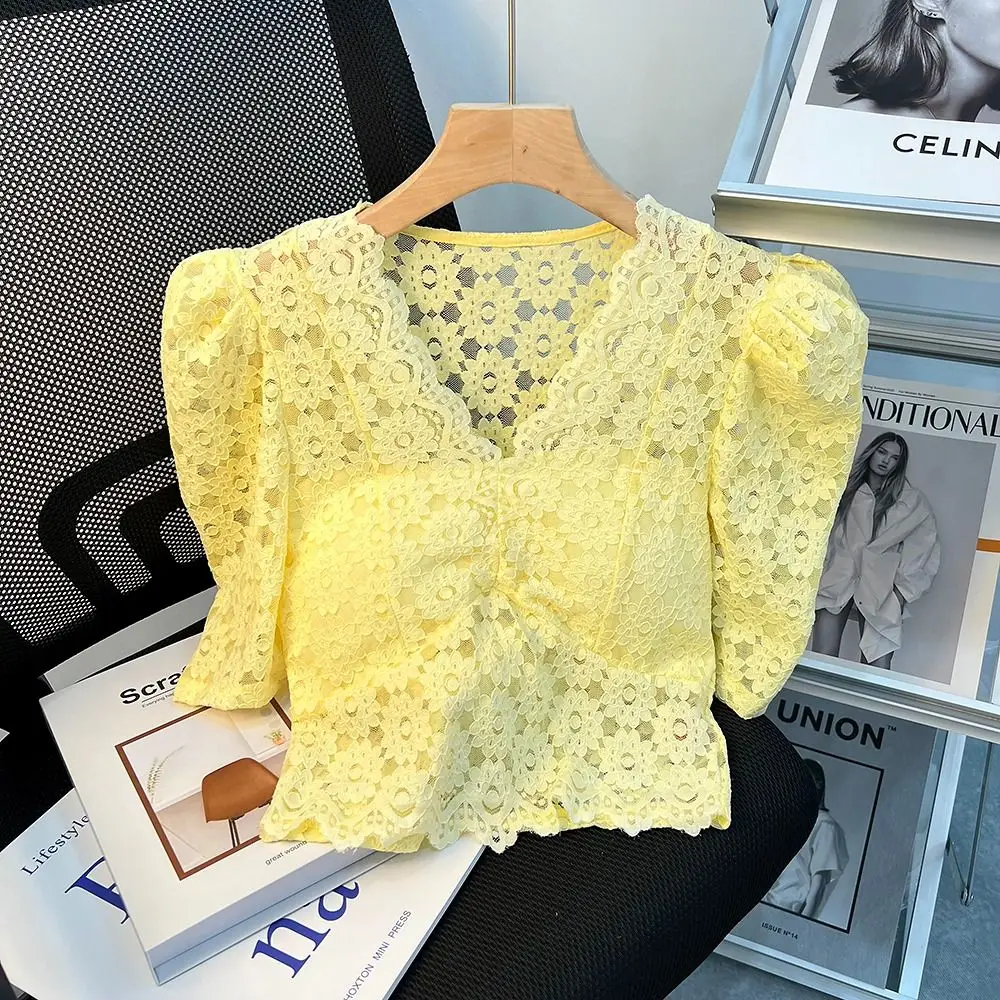 2024 Lace V-neck Wear Summer New Fashion Knitted Top Niche and Versatile Temperament Lace Ins Tees Y2k Top