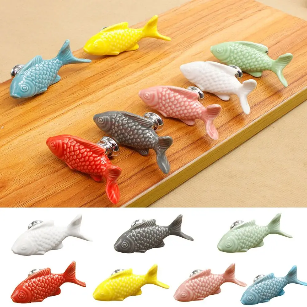 63mm Ceramic Drawer Knob Single Hole Fish Shape Cabinet Handle Furniture Hardware Kitchen
