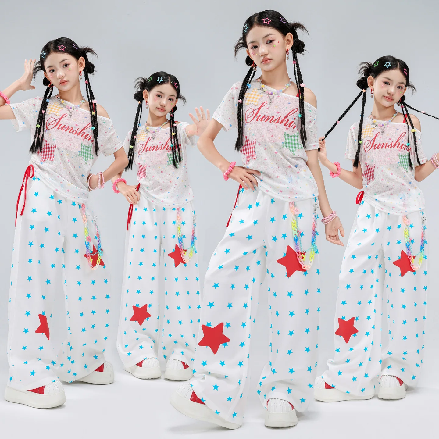 Girls K-pop Off-shoulder Crop Top Joggers Pants Child Streetwear Girl Group Costume Kids Hip Hop Jazz Street Dance Clothes Set