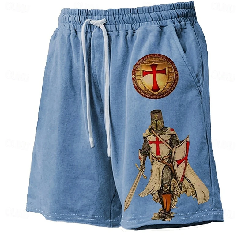 Men's Knights Templar 3D Print Cross Design Board Shorts Summer Hawaiian Casual Holiday Beach Drawstring Swim Trunks Quick Dry