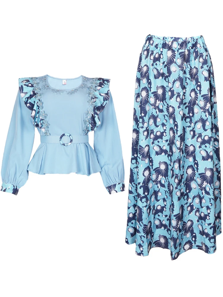 アフリカ服女性のためのシフォン 2 点セット長袖トップススカートスーツ Dashiki プリント衣装 2025 ウェディングパーティーイブニングドレス