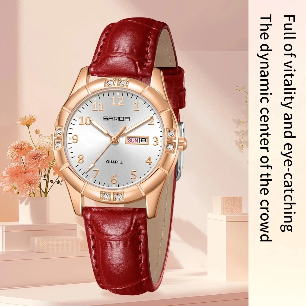 Sanda 9096 Korean style Vintage Leather Double Calendar Quartz Watch For Women Waterproof Luminous Diamond small dial wristwatch
