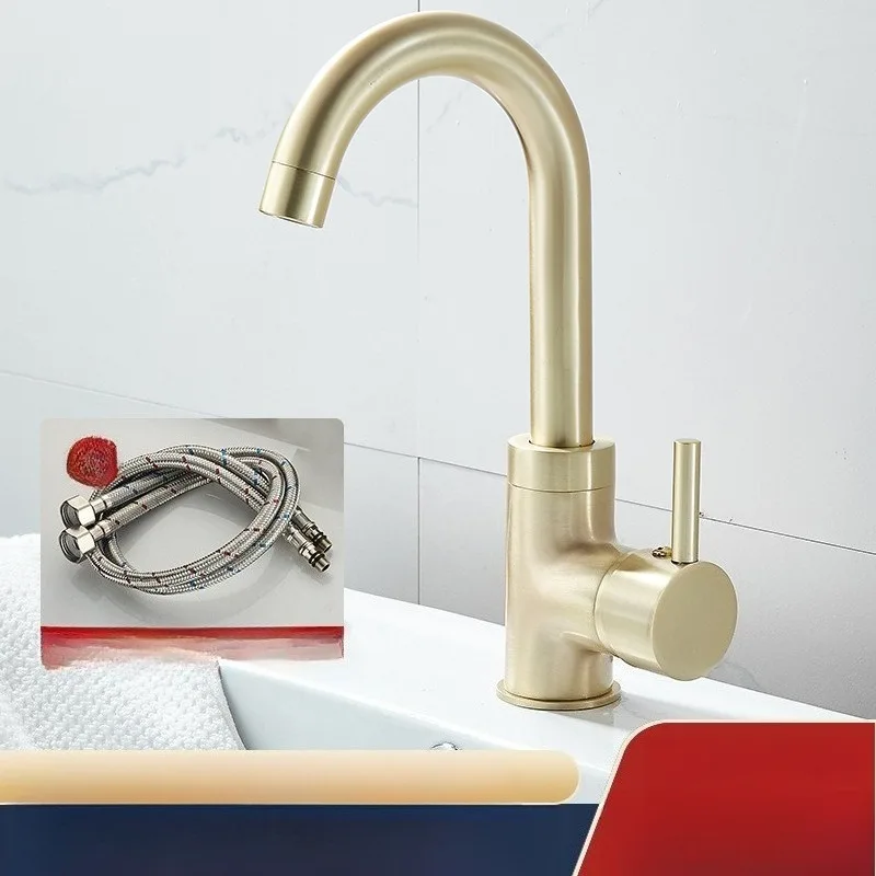 Brushed Gold Basin Faucet, Washbasin, Sink, Bathroom, Retro Single Hole Hot and Cold Dual Control Faucet for Home Use