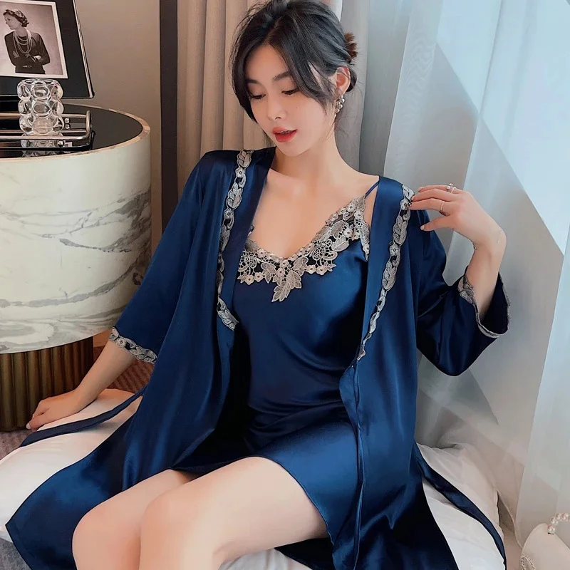 Femmes Pyjamas ensembles été nouveau déshabillé en dentelle fausse soie Pyjamas chemises de nuit peignoirs Sexy ensemble de sous-vêtements doux chemise de nuit vêtements