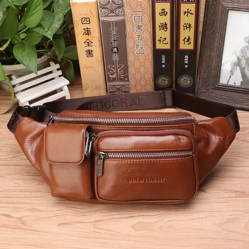 Imagem -04 - Bolsas de Couro Genuíno com Estilingue Peito e Cintura para Homens Bolsa Mensageiro de Ombro Multiuso Pele Natural Hip Fanny Masculino Pacote de Cinto