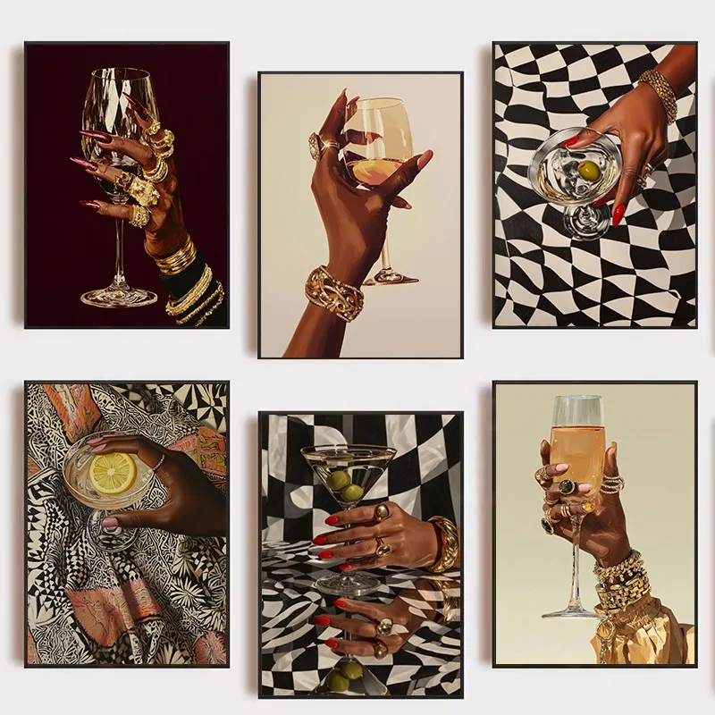 Trendy Black Fashion Cocktail Elegant African Girl with Wine Glass Martini Poster Canvas Painting Wall Pictures Home Bar Decor