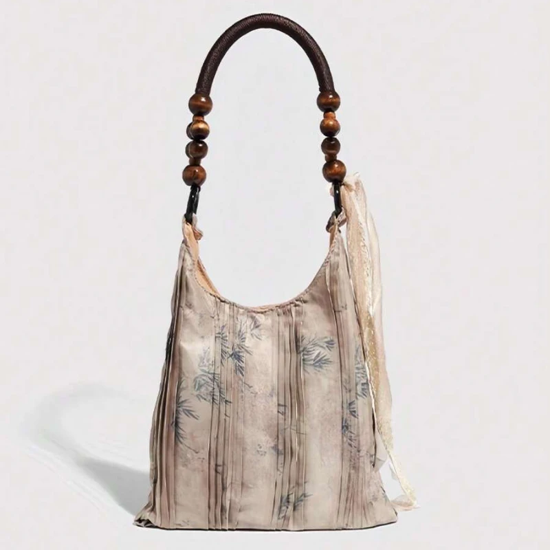 Women Bohemian Pleated Underarm Tote Bag, Grass Tie‑Dye Shoulder Handbag with 3D Rose Flower Ornament, Soft Daily Commuter Purse, Romantic Gift Choice for Valentine’s Day