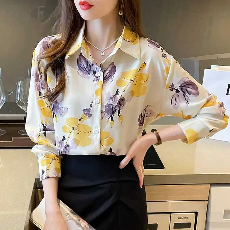 Women Spring Korean Loose Fashion Printing Chiffon Polo-Neck Long Sleeve Shirts Women Clothes Casual Office Lady All-match Tops