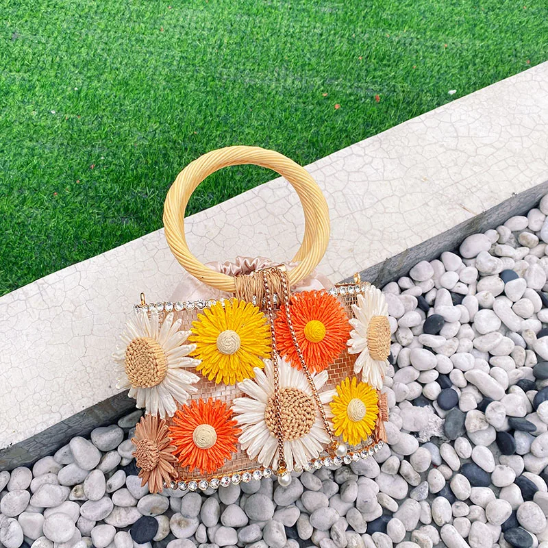 Sunflower Birdcage Women Handbag Metallic Diamond Basket Bags for Women Rattan Round Handle Shoulder Bag Luxury Evening Clutch - Image 4