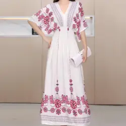 Elegant Boho Women V-Neck Slim Elastic Waist A-Line Midi Dress Batswing Short Sleeve Casual Holiday Office Lady's Vintage Dress