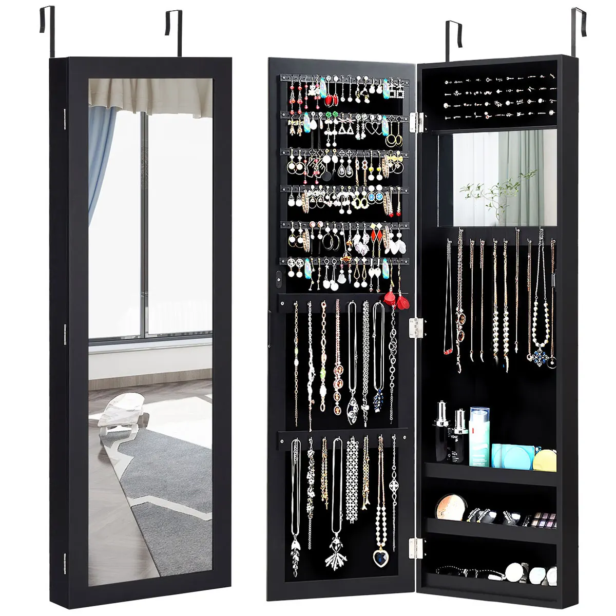 

Mirrored Jewelry Cabinet Armoire Storage Organizer Wall Door Mounted Black New