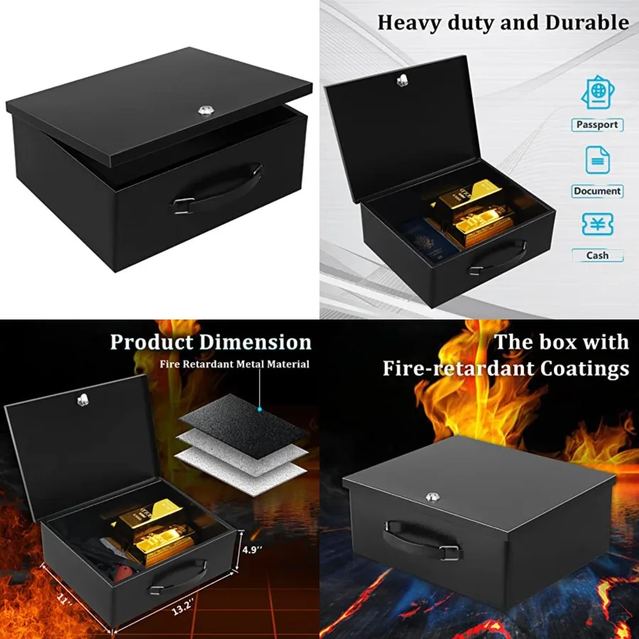 

Portable Metal Safe Box with Key Lock - Fire Resistant Storage for Documents, Car, Home and Outside - X 13.2"x 11"x 5.1" Black