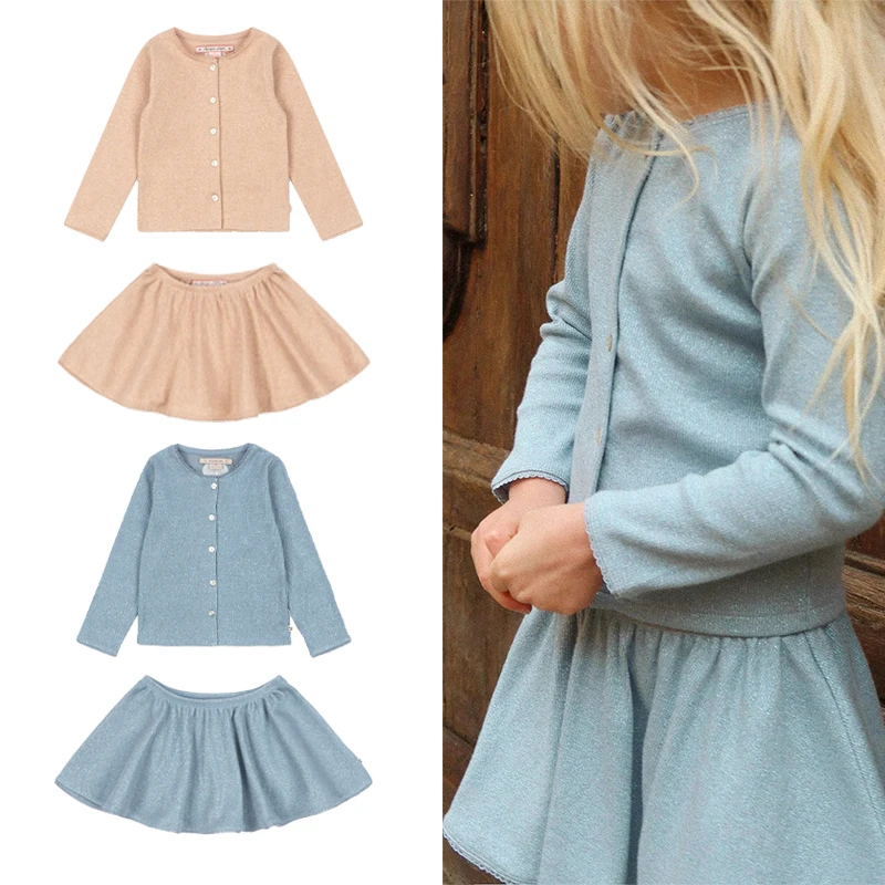 

Children's Set 2026 New Spring Summer KS Girl Lace Cardigan Jacket Cute Half Skirt Set Kids Gold Silver Silk Knitted Clothing