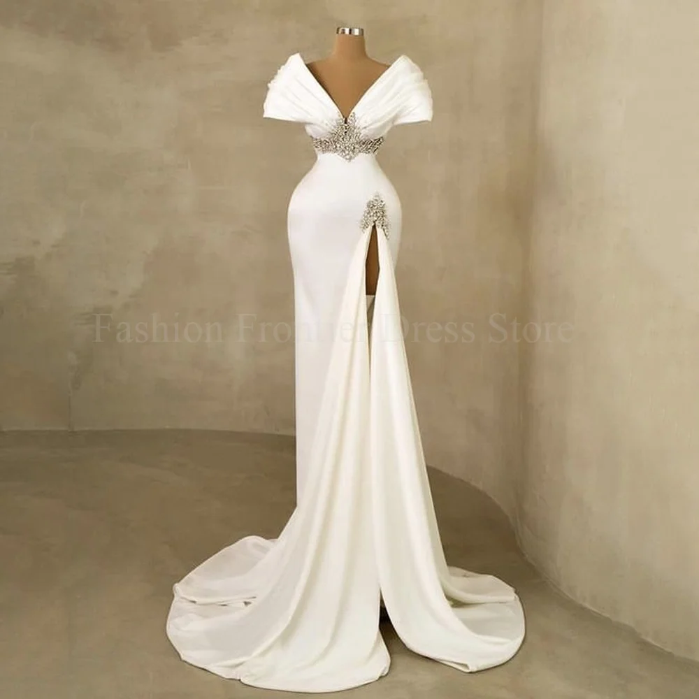 Gorgeous V-Neck Prom Gowns Short Sleeve High Side Split Court Train Beading Appliques Formal Occasions Evening Party Gowns