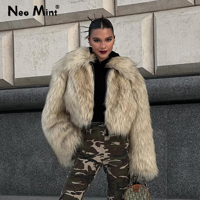 Neo Mint 2024 Winter Fluffy Gradient Faux Fur Coat Women Thicken Warm Fox Fur Jacket Girls Streetwear Style Furry Fur Overcoat