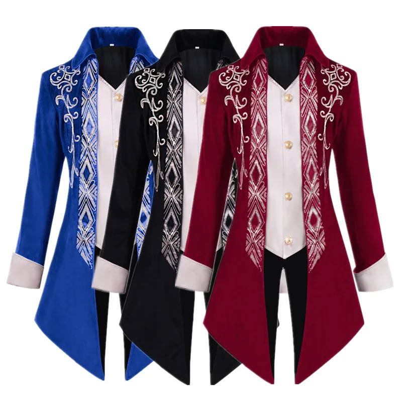 Wine Red Men British Style Swallowtail Coats, Single-breasted Loose Jacket, Fashion Male Halloween Trend Embroidery Tops.