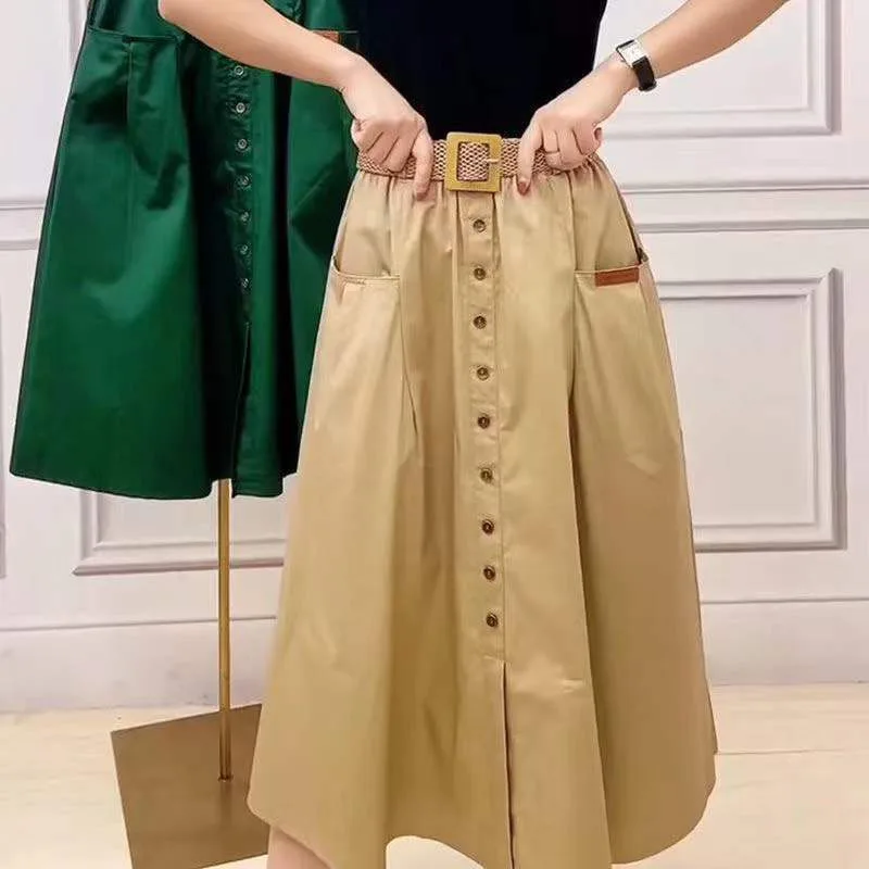 

Women's High Waist Slit Long A-Line Skirts, Female Casual Skirts, Single-Breasted, Large Pockets, Loose, New, Summer