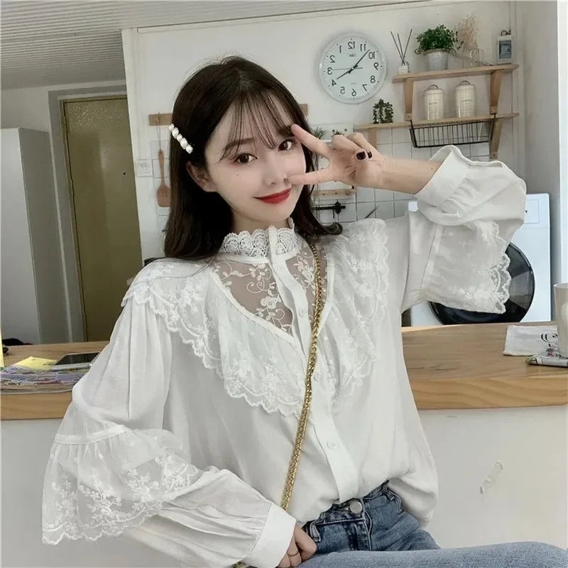 Autumn Sweet Loose Women Clothes Korean Ruffled White Blouse Fashion Stand Collar Lady Tops Vintage Long Sleeve Lace Shirt 11335