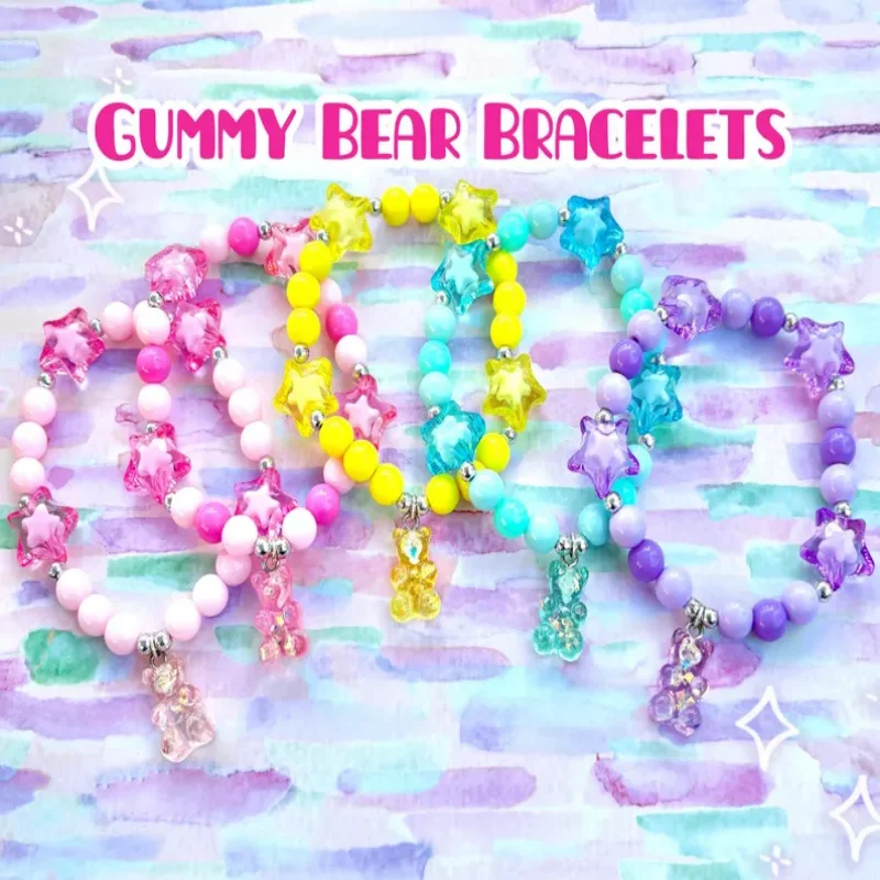 Cute Gummy Bear Charm Bracelet - Colorful Beads Stars Food Design Hot Pink Pink Yellow Blue Purple Jewelry