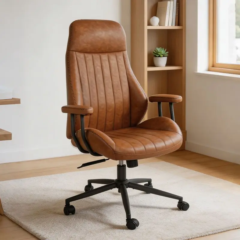 Brown leather office chair, sedentary and comfortable computer chair for home use, lifting and rotating high-end boss chair