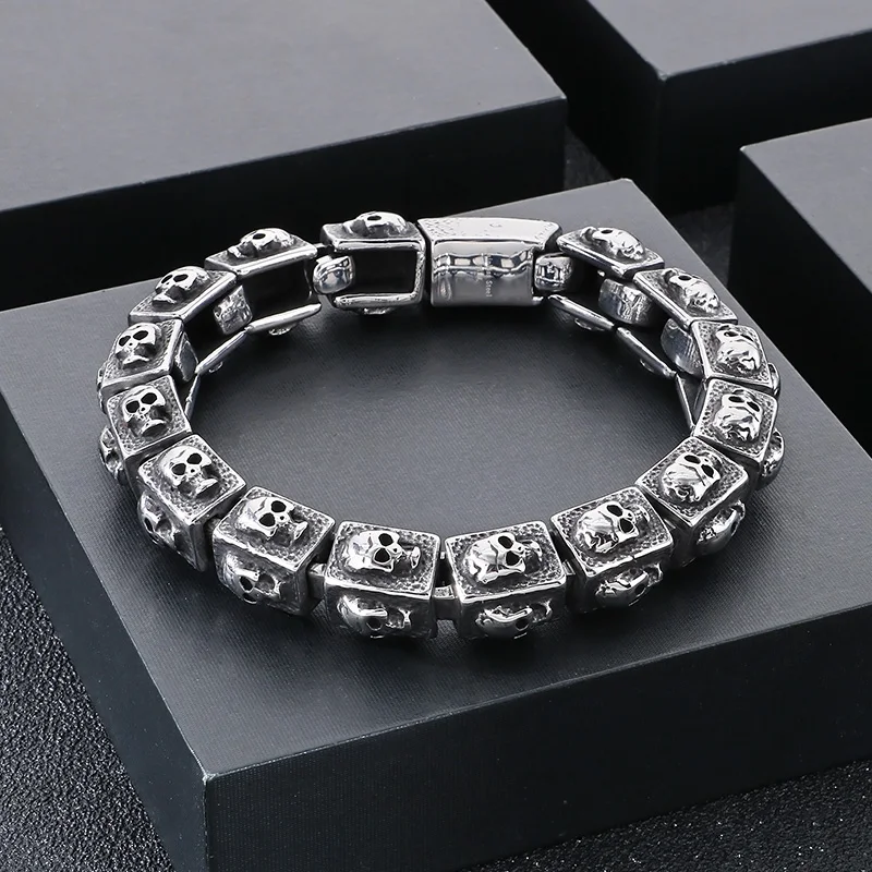 KALEN Vintage Square Skull Head Bracelet for Men Punk Stainless Steel Gothic Party Jewelry Male Charm Gift Trendy Accessories