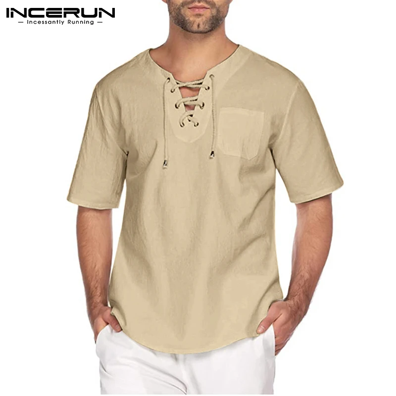 Camicia da uomo in cotone con scollo a V manica corta tinta unita Lace Up Streetwear abbigliamento Casual da uomo 2024 Camisas Vintage per il tempo libero 5XL INCERUN