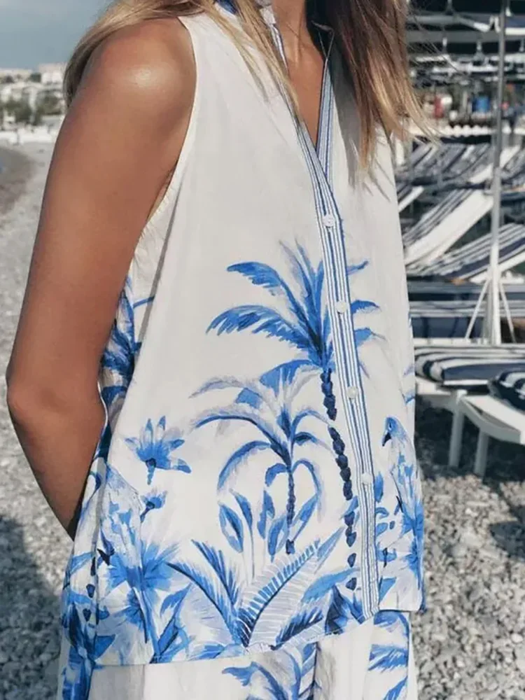 

Nice Ladies Fashion Lace Up Loose 2025 Outfits Leaf Print Summer Holiday Two Piece Set Sexy V-neck Sleeveless Top And Long Skirt