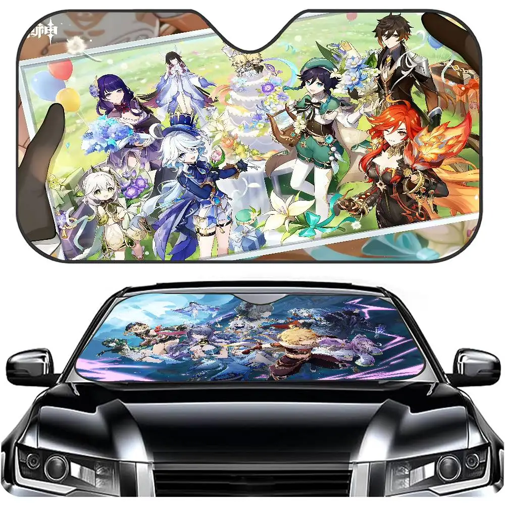 Genshin Impact Song Of The Welkin Moon Car Windshield Funny Sun Shade Foldable UV Sun Visor Protector Sunshade For Front Window