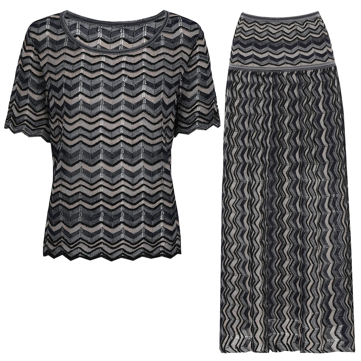 26256 High‑Quality Summer New Temperament Commuting Wave Pattern Round Neck Knitted Women Top And Skirt Two‑Piece Set